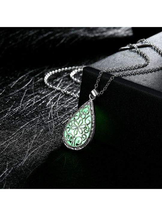 Collier Goutte d'Eau Verte Claire- Laiton Plaqué Argent