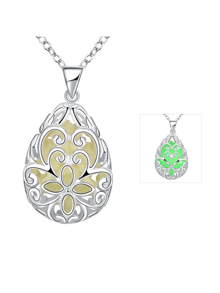 Collier Ovale à Fleur Vert Clair - Laiton Plaqué Argent