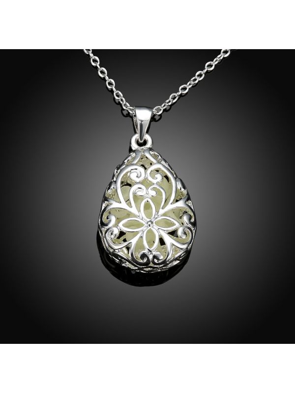 Collier Ovale à Fleur Vert Clair - Laiton Plaqué Argent