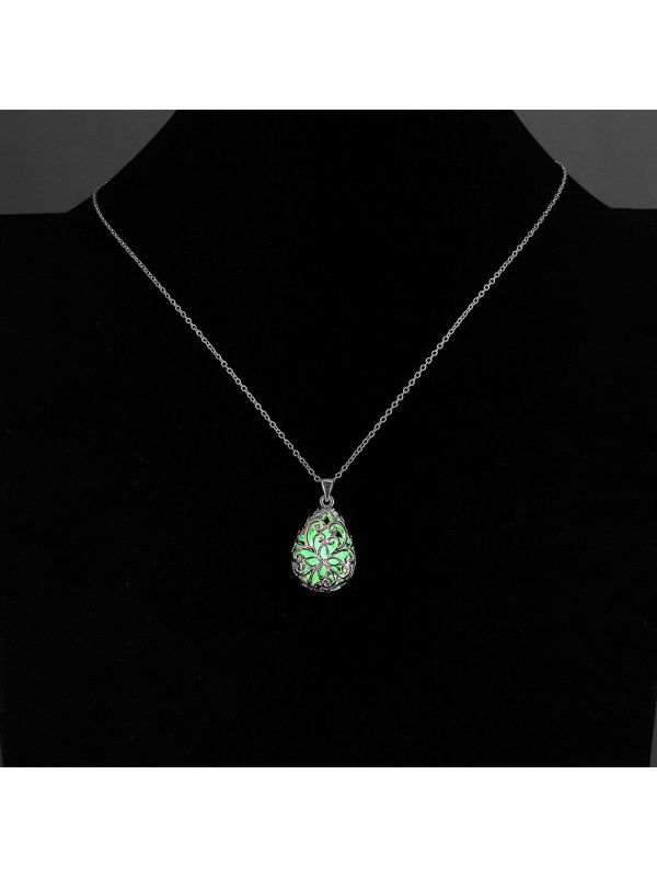 Collier Ovale à Fleur Vert Clair - Laiton Plaqué Argent