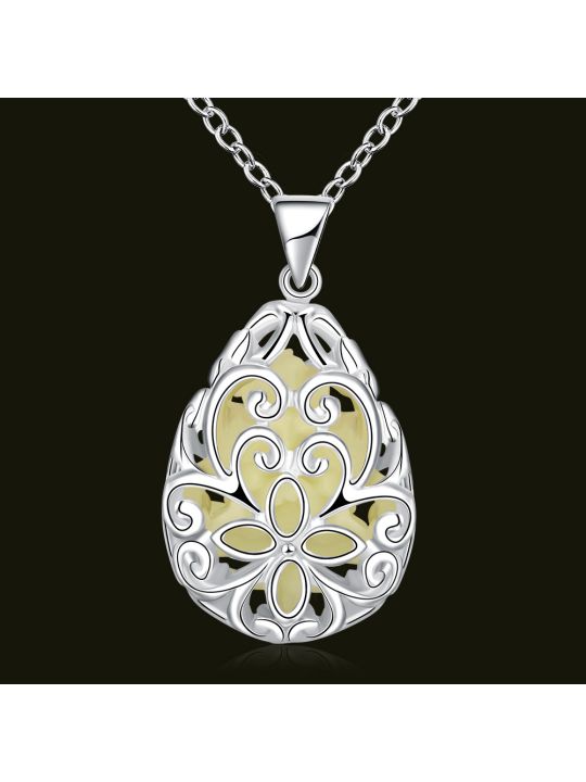 Collier Ovale à Fleur Vert Clair - Laiton Plaqué Argent