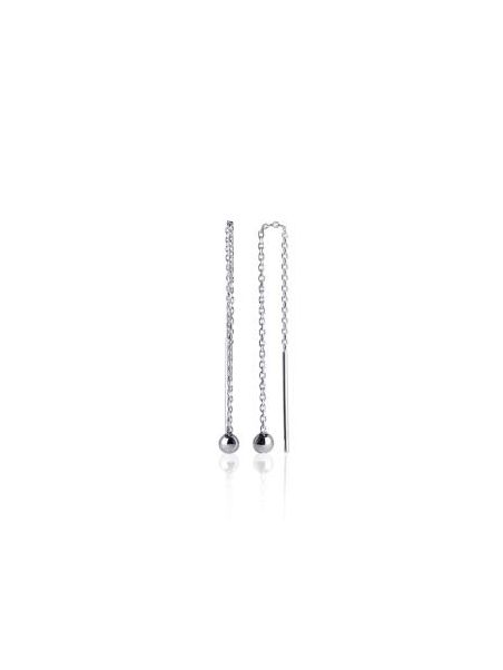 Boucles d'Oreilles à Crochet en Argent Sterling 925 avec Chaîne Pendante, Tige et Sphère - Design Asymétrique Moderne