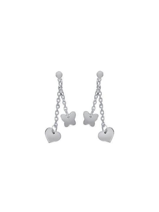 Boucles d'Oreilles en Argent Sterling 925 avec Chaînes Pendantes, Cœur et Papillon - Design Délicat et Fermoir Poussette