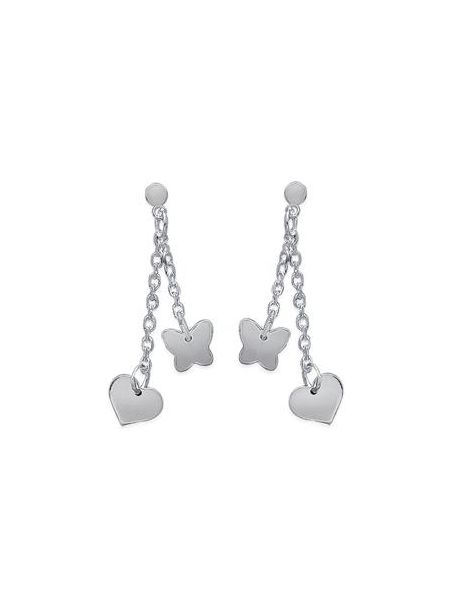 Boucles d'Oreilles en Argent Sterling 925 avec Chaînes Pendantes, Cœur et Papillon - Design Délicat et Fermoir Poussette