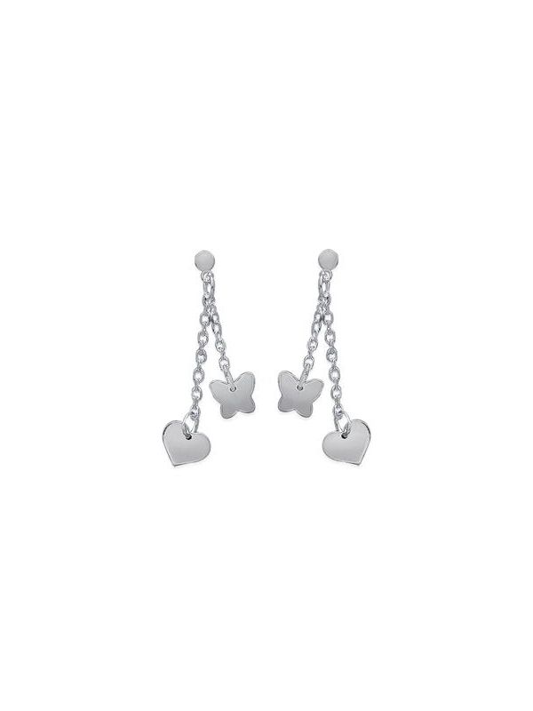 Boucles d'Oreilles en Argent Sterling 925 avec Chaînes Pendantes, Cœur et Papillon - Design Délicat et Fermoir Poussette