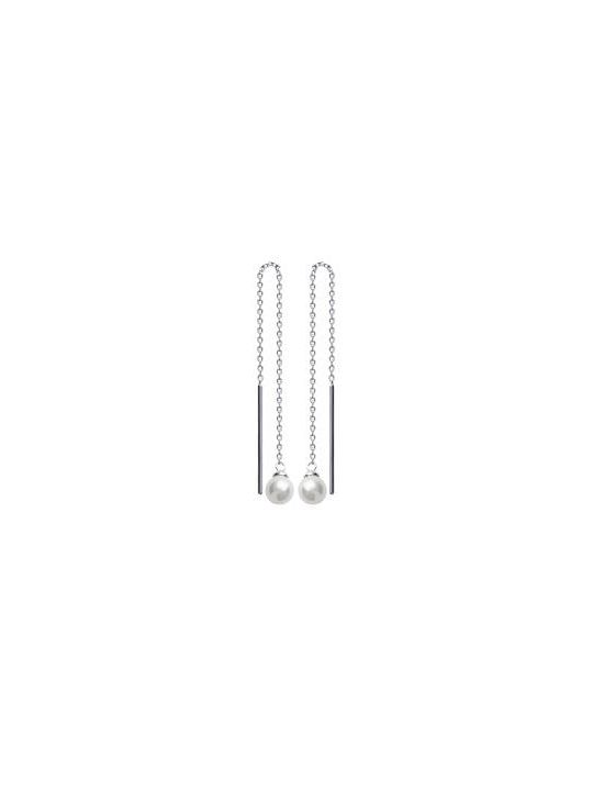 Boucles d'Oreilles à Crochet en Argent Sterling 925 avec Chaîne Pendante, Tige et Perle - Élégance Asymétrique Moderne