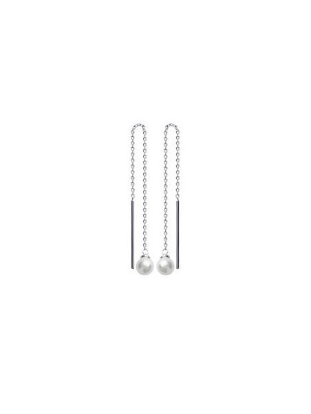 Boucles d'Oreilles à Crochet en Argent Sterling 925 avec Chaîne Pendante, Tige et Perle - Élégance Asymétrique Moderne