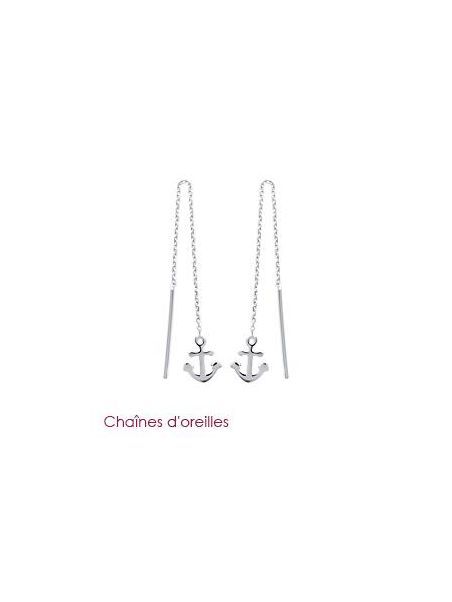 Boucles d'Oreilles à Crochet en Argent Sterling 925 avec Chaîne Pendante, Tige et Ancre Marine - Style Nautique Asymétrique