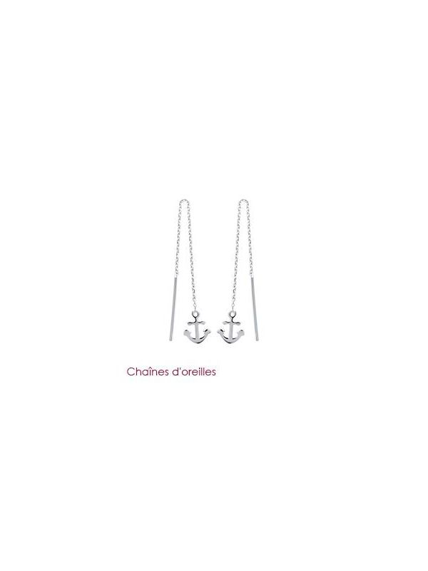 Boucles d'Oreilles à Crochet en Argent Sterling 925 avec Chaîne Pendante, Tige et Ancre Marine - Style Nautique Asymétrique