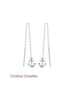 Boucles d'Oreilles à Crochet en Argent Sterling 925 avec Chaîne Pendante, Tige et Ancre Marine - Style Nautique Asymétrique