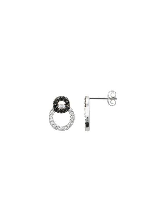 Boucles d'Oreilles en Argent Sterling 925 avec Deux Cercles Entremêlés Incrustés de Zircon Transparent et Noir