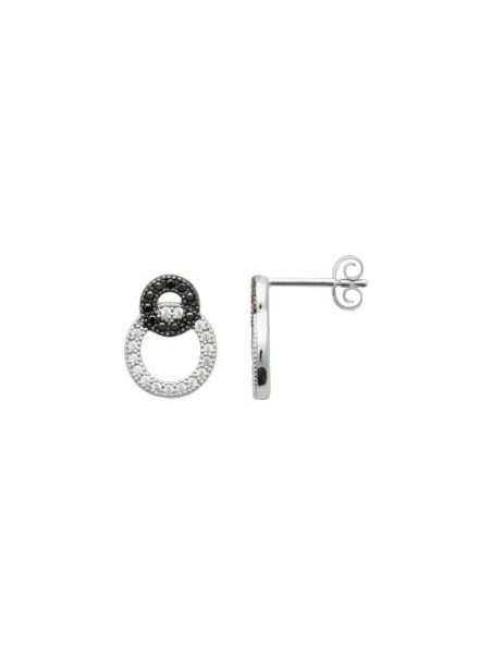 Boucles d'Oreilles en Argent Sterling 925 avec Deux Cercles Entremêlés Incrustés de Zircon Transparent et Noir