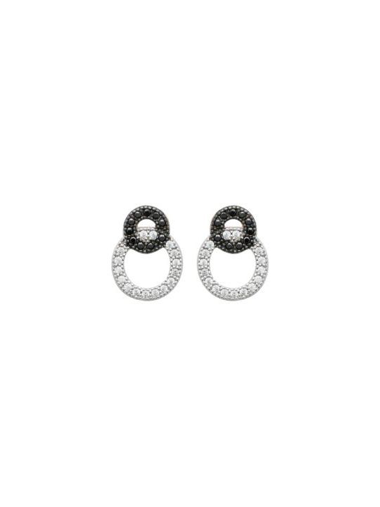 Boucles d'Oreilles en Argent Sterling 925 avec Deux Cercles Entremêlés Incrustés de Zircon Transparent et Noir