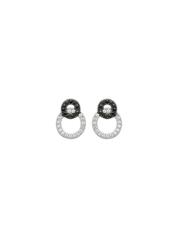 Boucles d'Oreilles en Argent Sterling 925 avec Deux Cercles Entremêlés Incrustés de Zircon Transparent et Noir