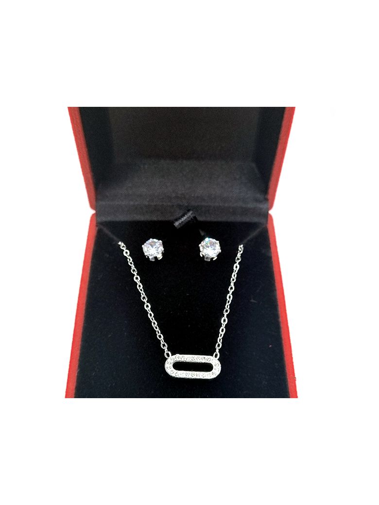 Parure en Acier Inoxydable Argenté avec Rectangle Serti de Zircons et Clou Solitaire en Zircon – Style Moderne et Éclat Raffiné