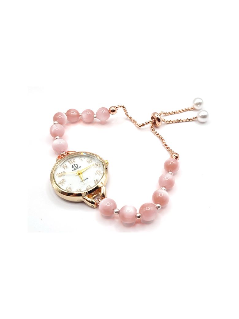 Montre Fantaisie Femme Résistante à l'Eau avec Bracelet Perlé Rose – Élégance et Douceur Féminine