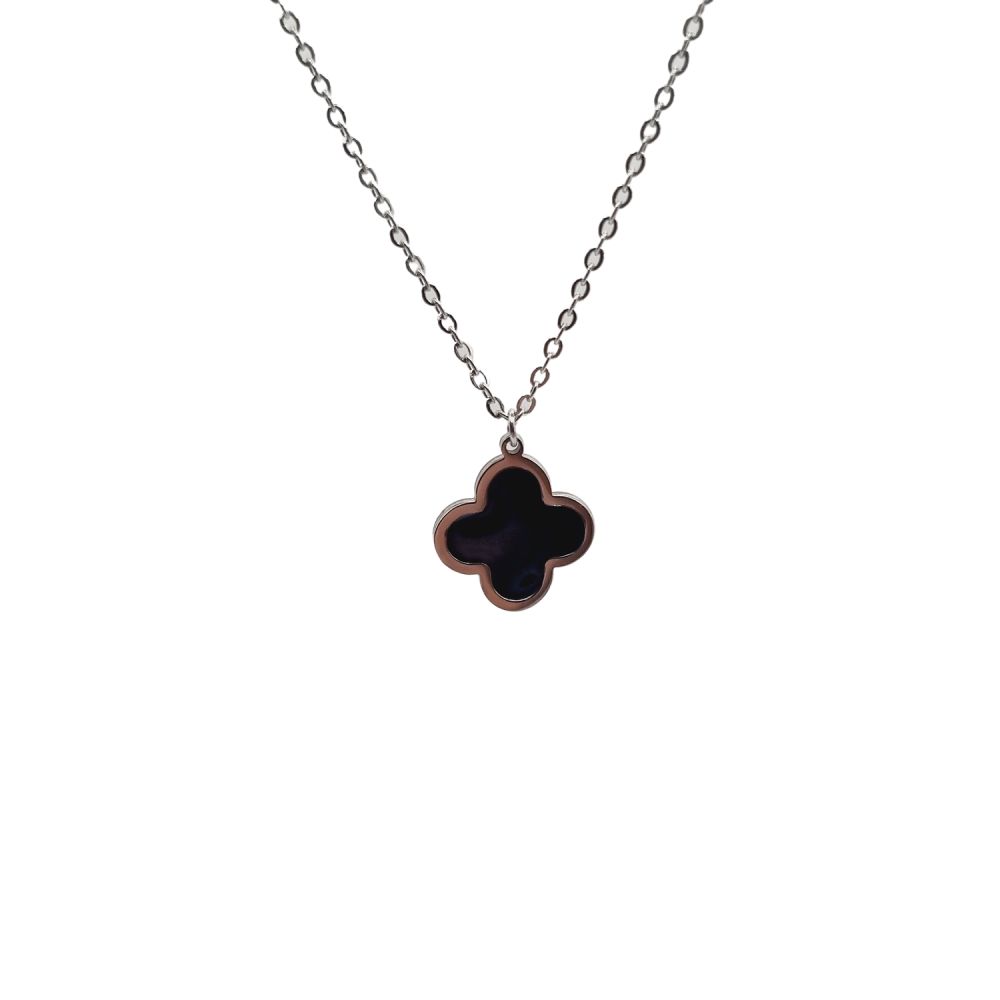 copy ofCollier en Acier Inoxydable Argenté avec Pendentif Fleur Émaillée Noire