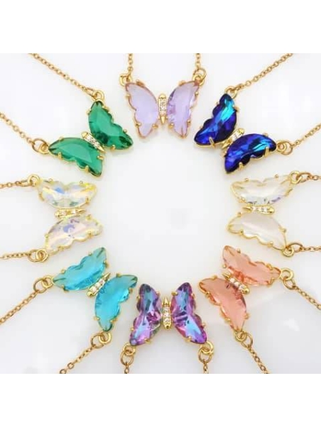 Collier papillon en cristal multicolore doré sur chaîne en acier inoxydable